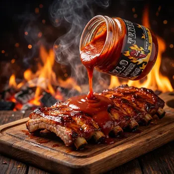 Dimljena rebarca premazana ekstremno ljutim Apokalipsa sosom u plamenu.